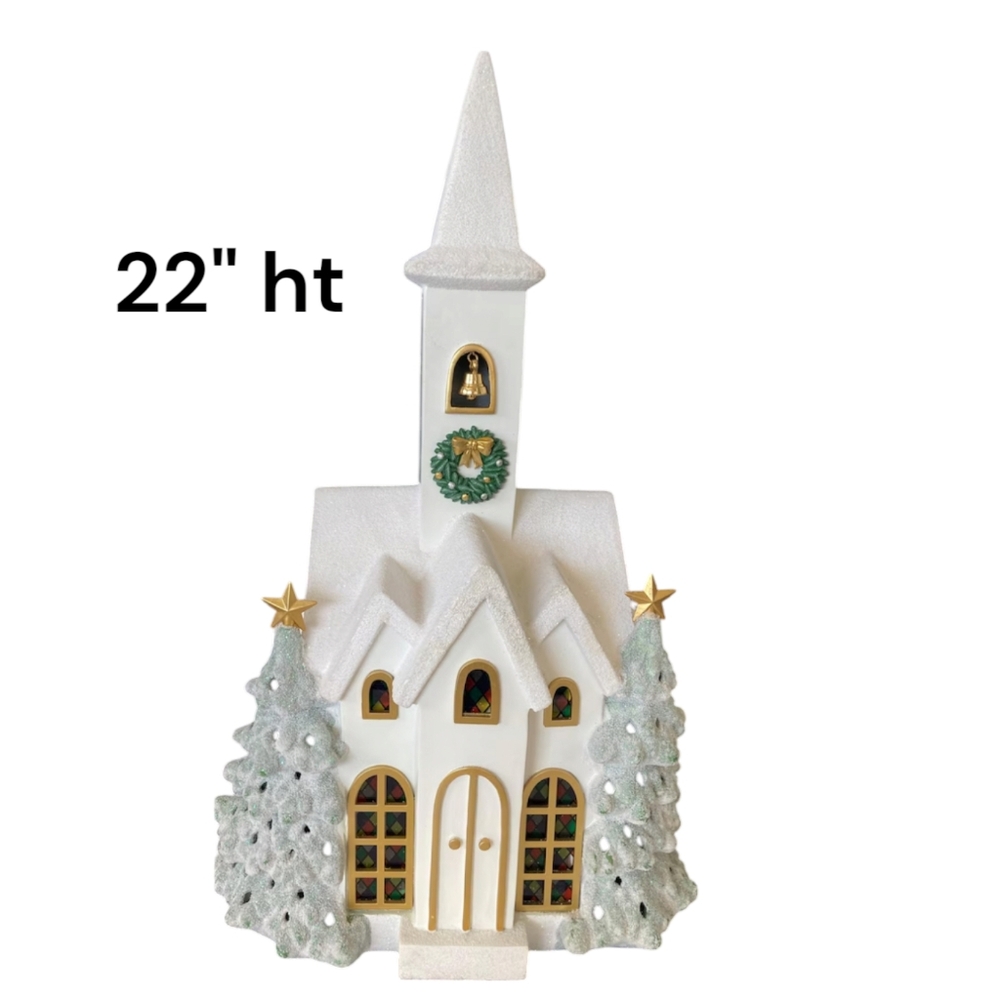 Christmas House Church Snowy Light Up Large Box Large Steeple READ